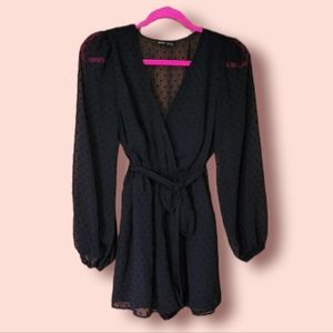 Surplice neck, lantern sleeve, belted, Swiss dot, chiffon romper from Shein